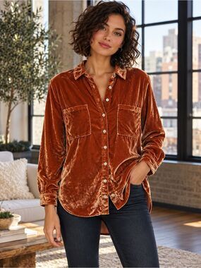 Pilcro Anthropologie Rust Velvet Button Down Shirt Top M Boho Western